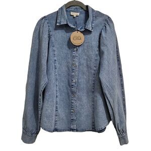Aaron & Amber Stretchy Denim Chambray Button Down with Puff Sleeves Size: S‎